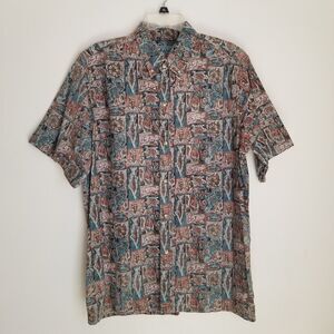 Manoa Hawaiian Shirt Mens XL Extra Large Brown Blue Ocean Print Button Up